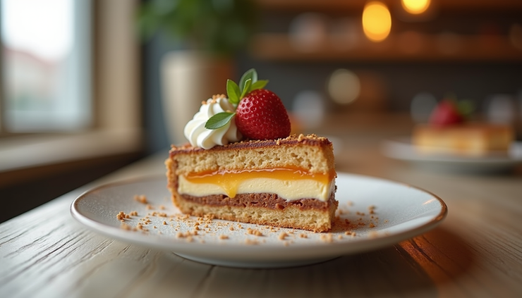 Eye-level view van een modern dessert met Perzische smaken in Eli’s ZoetStudio