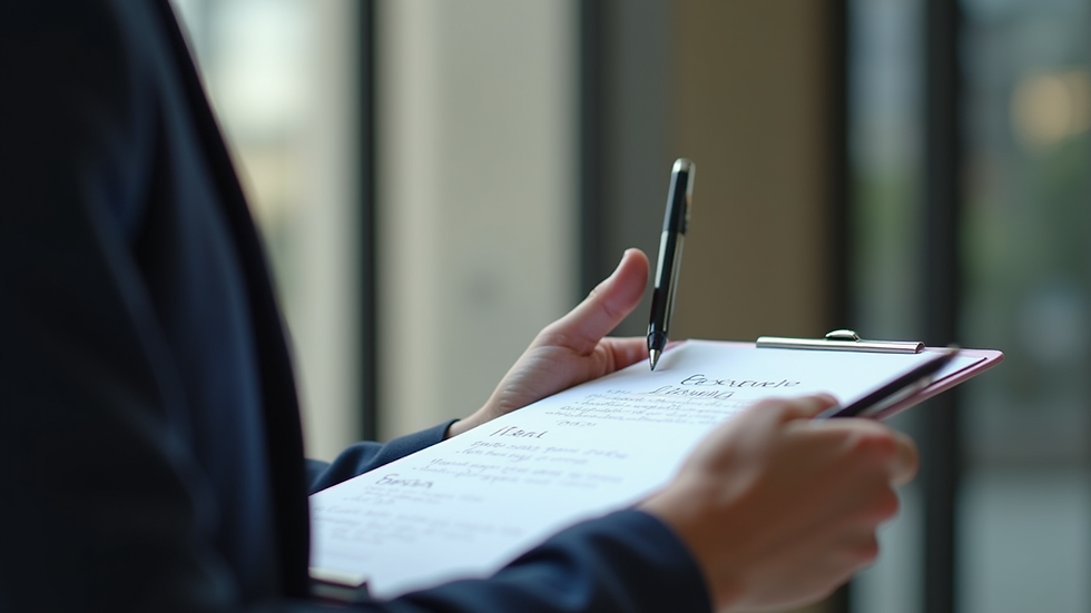 eye-level view of a person writing notes on a clipboard