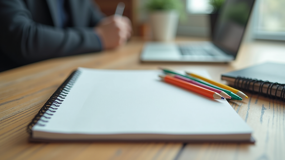 eye-level view of a desk with a notebook and colorful pens