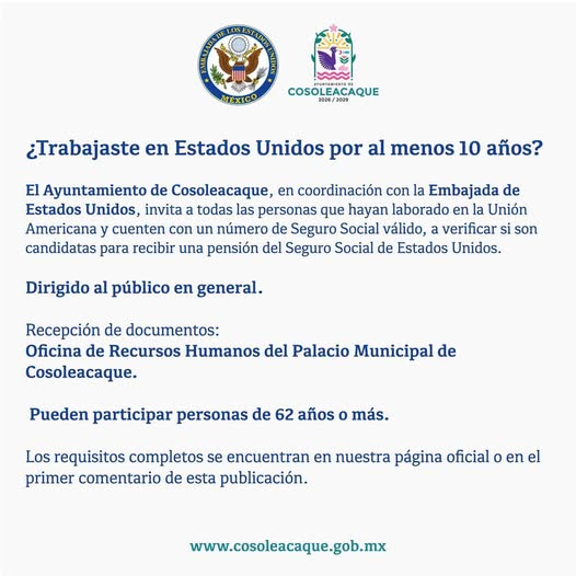 Acerca Ayuntamiento de Cosoleacaque orientación para acceder a la pensión del Seguro Social de Estados Unidos