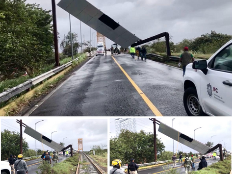 Rachas de viento derrumban señalamiento vial en Coatzacoalcos