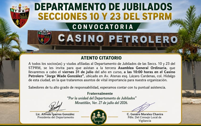 El viernes 31 de julio Asamblea de los jubilados petroleros de Minatitlán