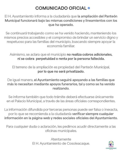 Información Oficial sobre la ampliación del Panteón Municipal