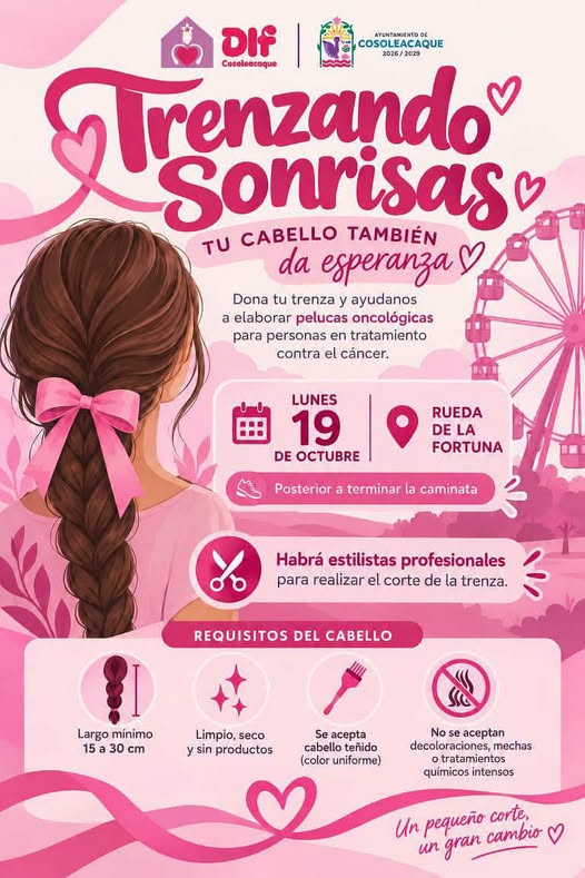 Conmemora el Día Mundial de la Lucha contra el Cáncer de Mama sumándote a la colecta de cabello en Cosoleacaque
