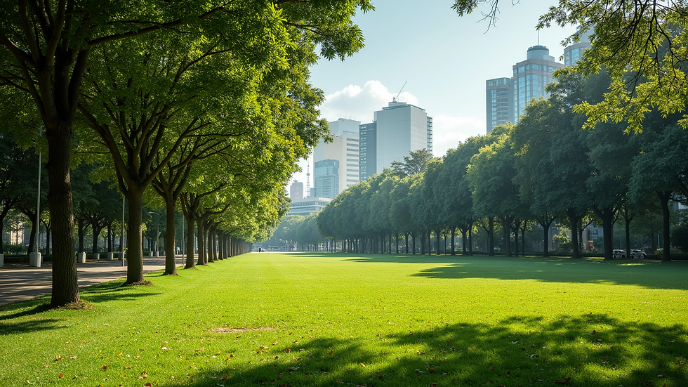 Wide angle view of a peaceful park in Brasília with green trees