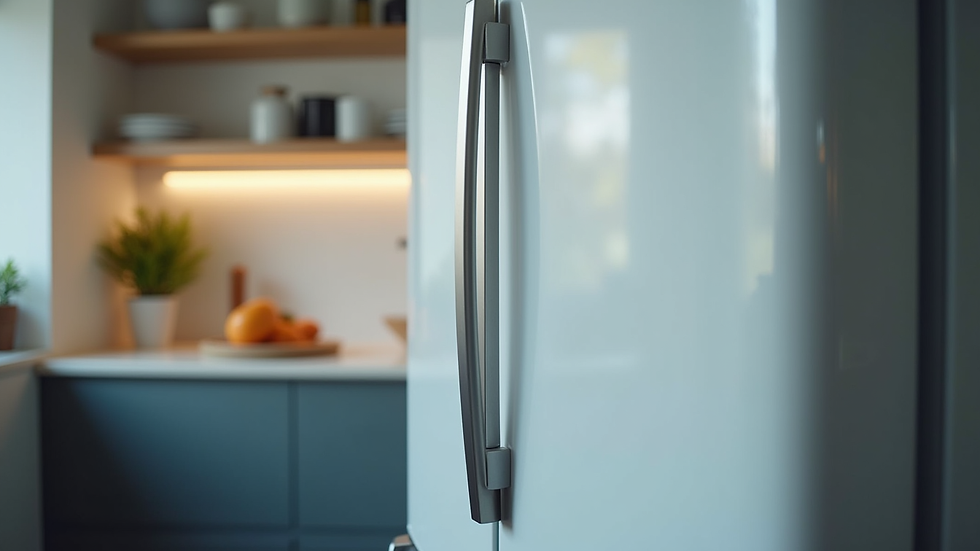 Close-up view of a modern energy-efficient refrigerator in a kitchen