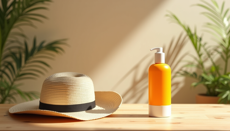 Eye-level view of a bottle of sunscreen and a wide-brimmed hat on a wooden table