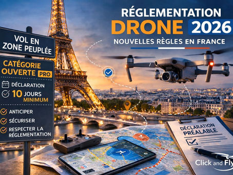 Illustration de la réglementation drone 2026 à Paris avec drone professionnel, Tour Eiffel, vol en zone peuplée et déclaration préalable.