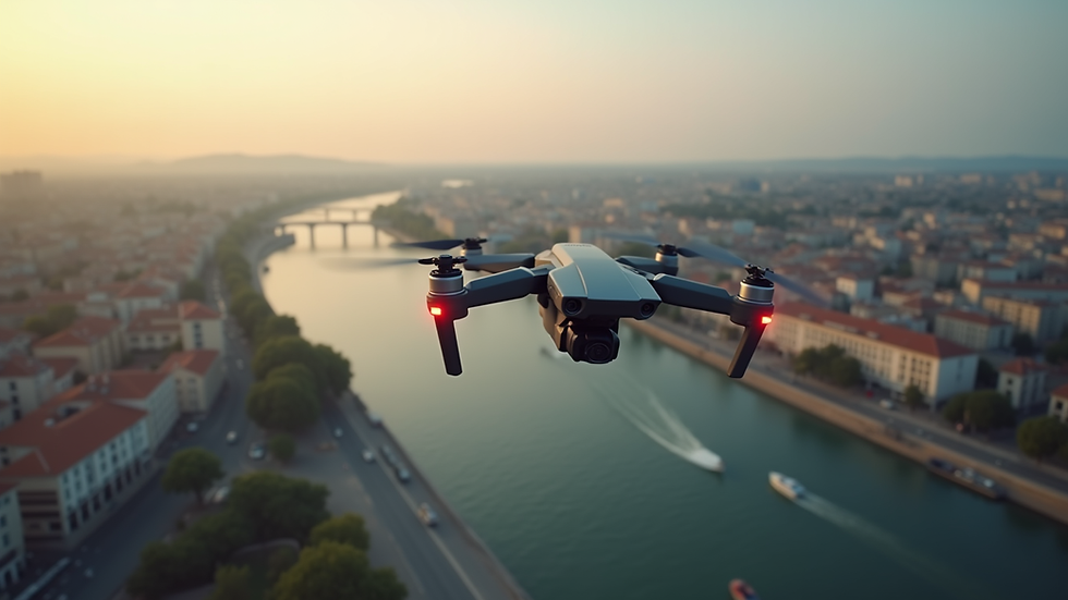 Vue aérienne dynamique d’un drone FPV en vol au-dessus de Lyon
