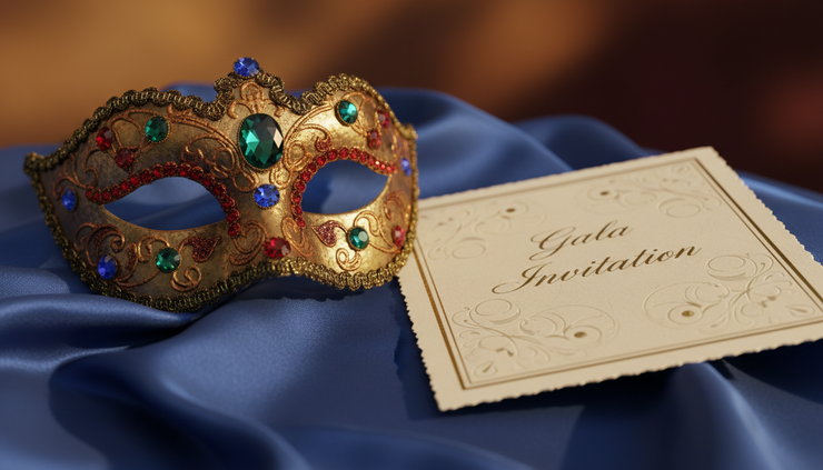 Close-up view of a decorative masquerade mask on a satin table setting.