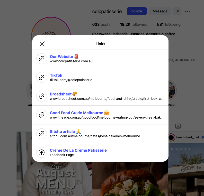 Pop-up window with links including "Our Website," "TikTok," and articles. Background shows Instagram page of cdlcpatisserie.