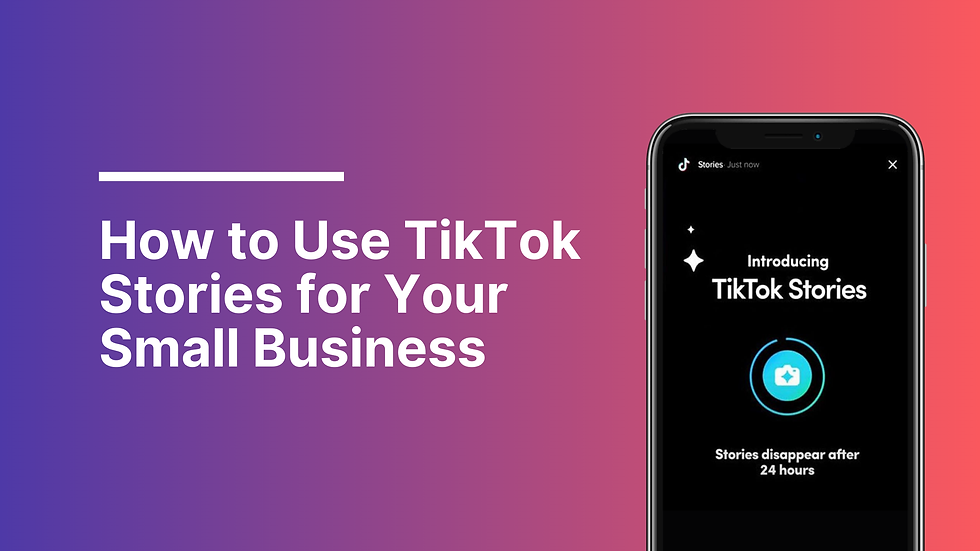 Gradient background with text "How to Use TikTok Stories for Your Small Business." A phone displays TikTok Stories feature details.