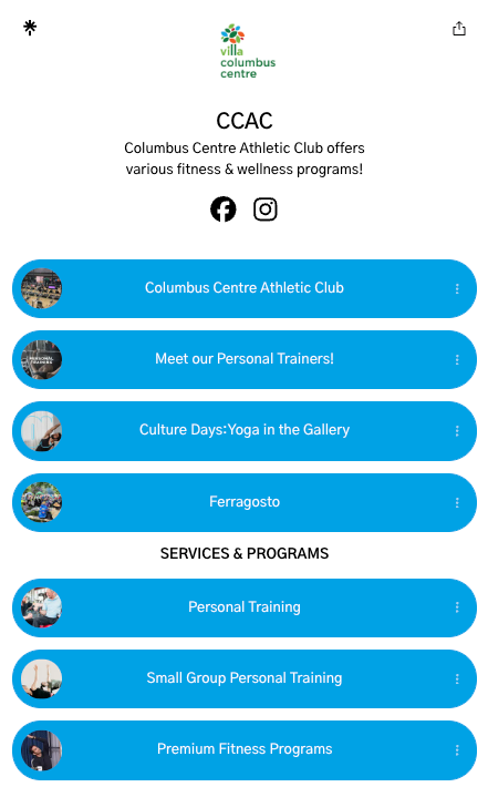 Columbus Centre Athletic Club offers fitness programs. Blue buttons list activities like yoga and personal training. Logos for Facebook and Instagram.