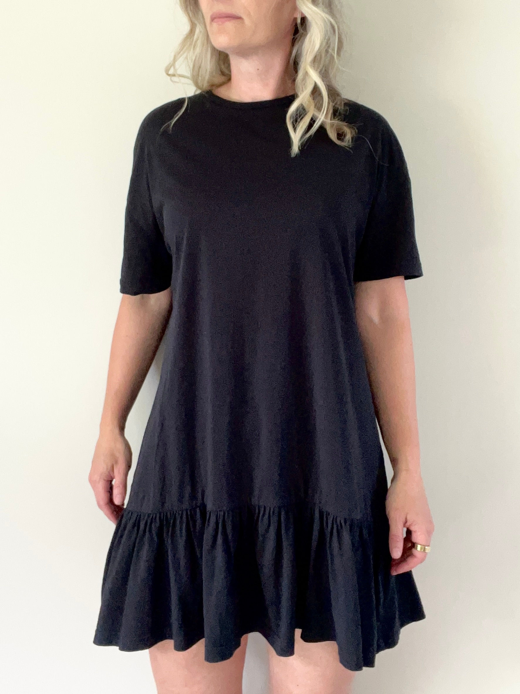 Black Knit Dress with Ruffle Shirt Detail