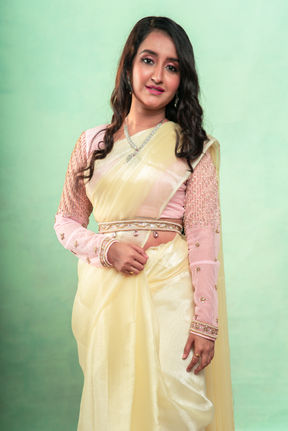 Blush Pink Hand Embroided Blouse with Embroieded Belt by YAAZH Designer wear