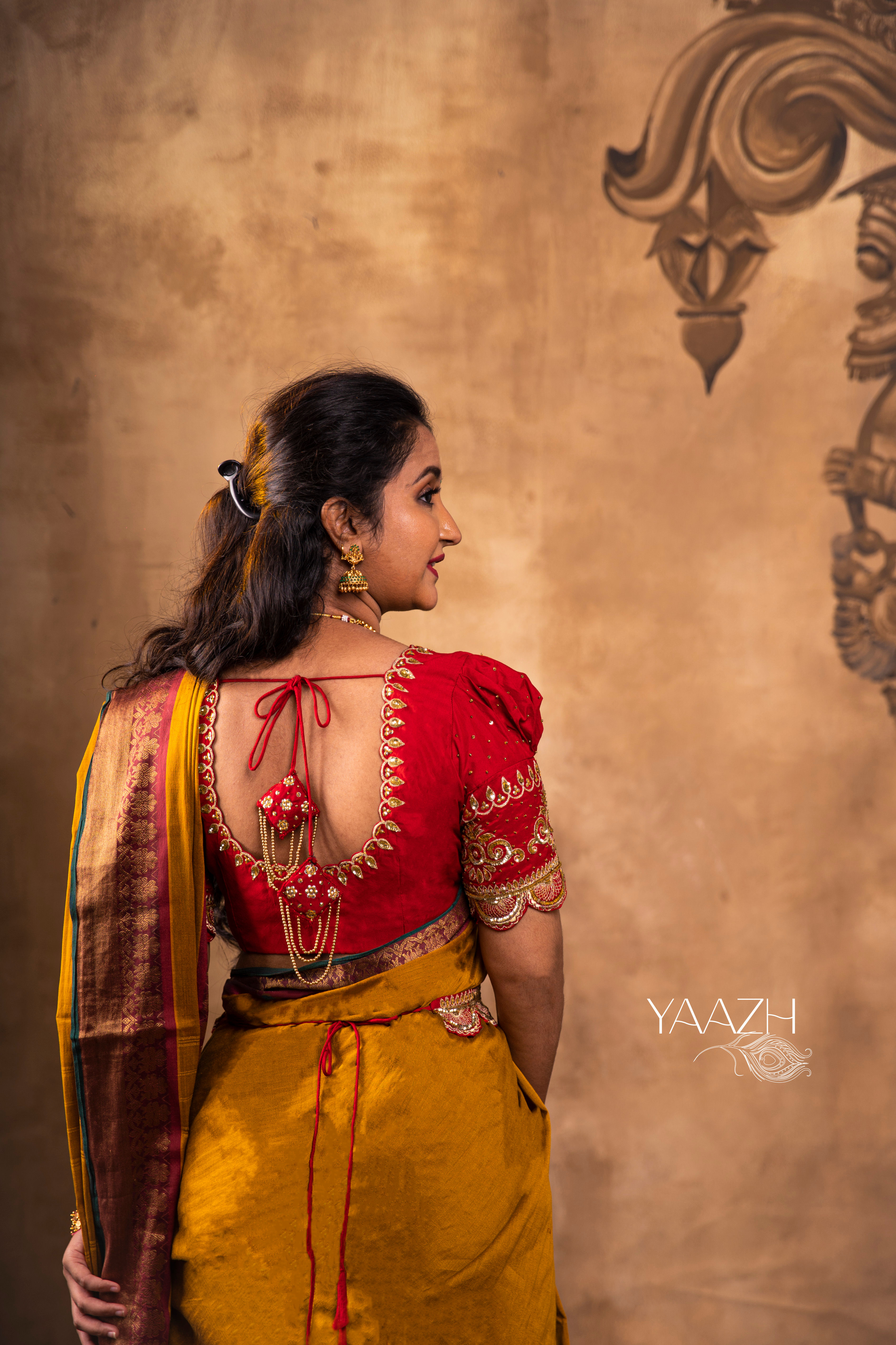 Red Puff Sleeve Embroided Blouse with Embroided Belt