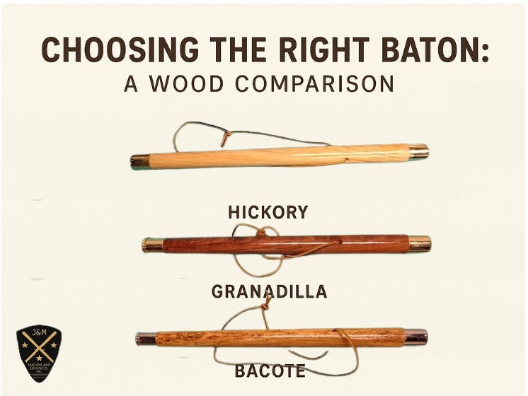 "Comparison of self-defense nightsticks made from different types of wood: Hickory, Granadilla, and Bocote. Image shows three wooden batons side by side with labels, helping users choose the right material for durability and performance."