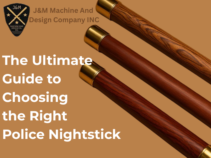 Police nightstick guide featuring three wooden batons with gold-toned metal caps, promoting J&M Machine and Design Company INC’s high-quality selection.