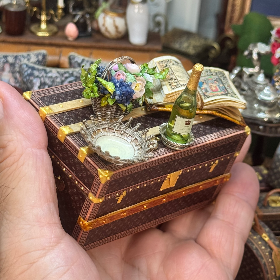 artisan dollhouse miniature LV inspired trunk sterling silver and flowers