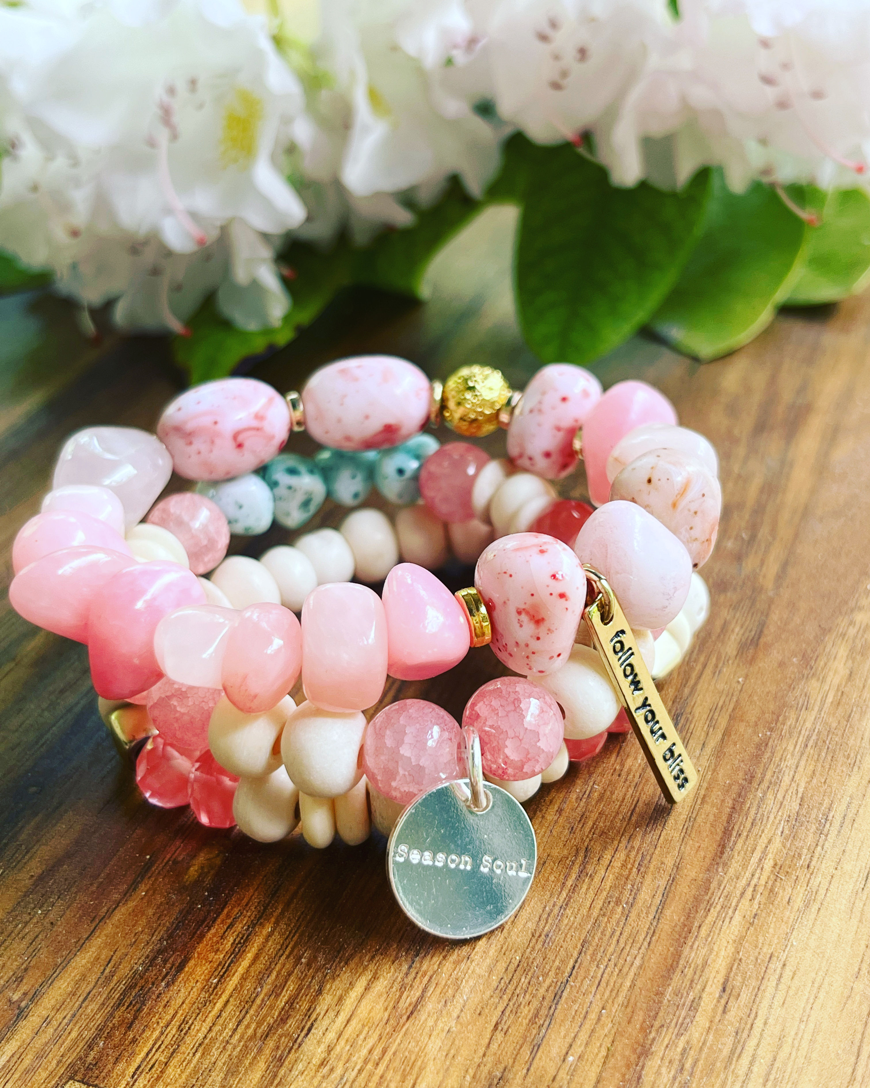 Rose and Strawberry Quartz, Gold and Vintage - "Follow Your Bliss" Bracelet Set