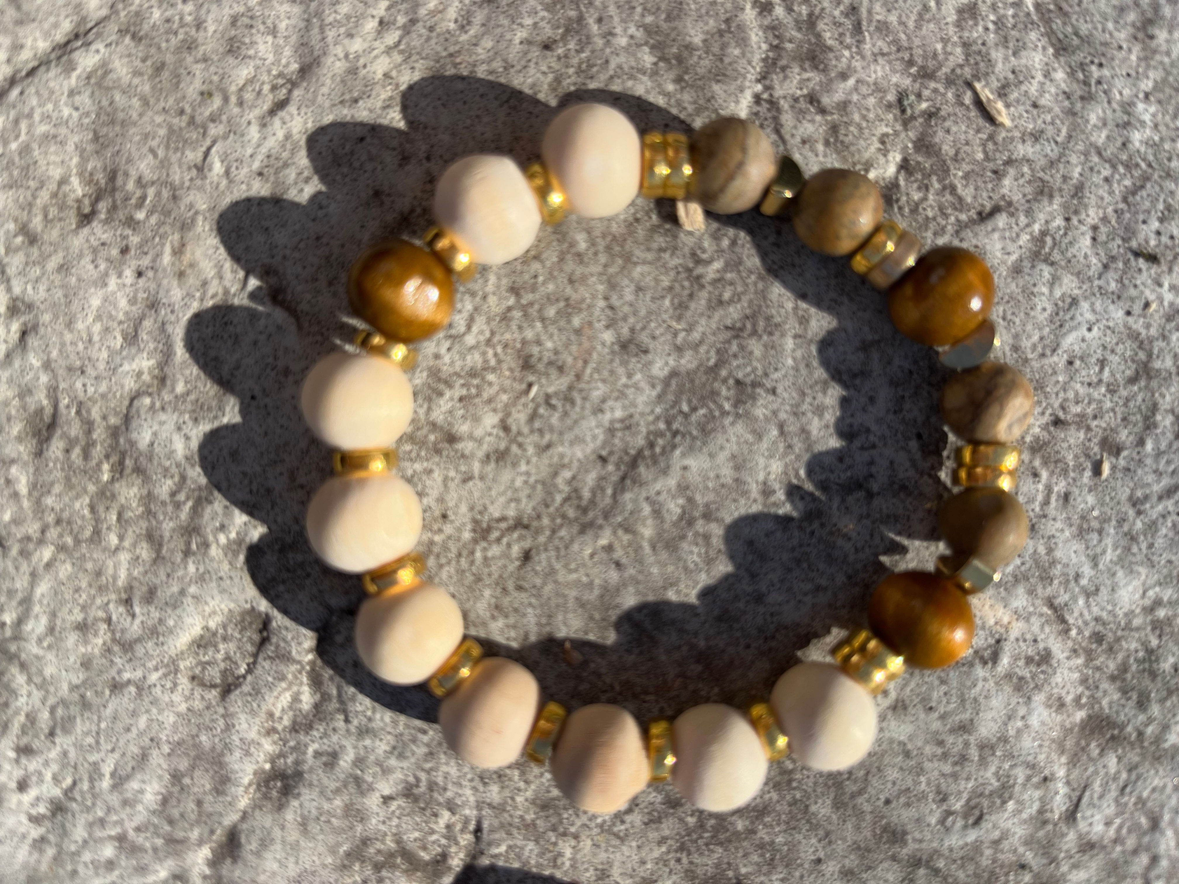 Natural Wood and Brown Beads, Handmade -Wooden Sun Bracelet