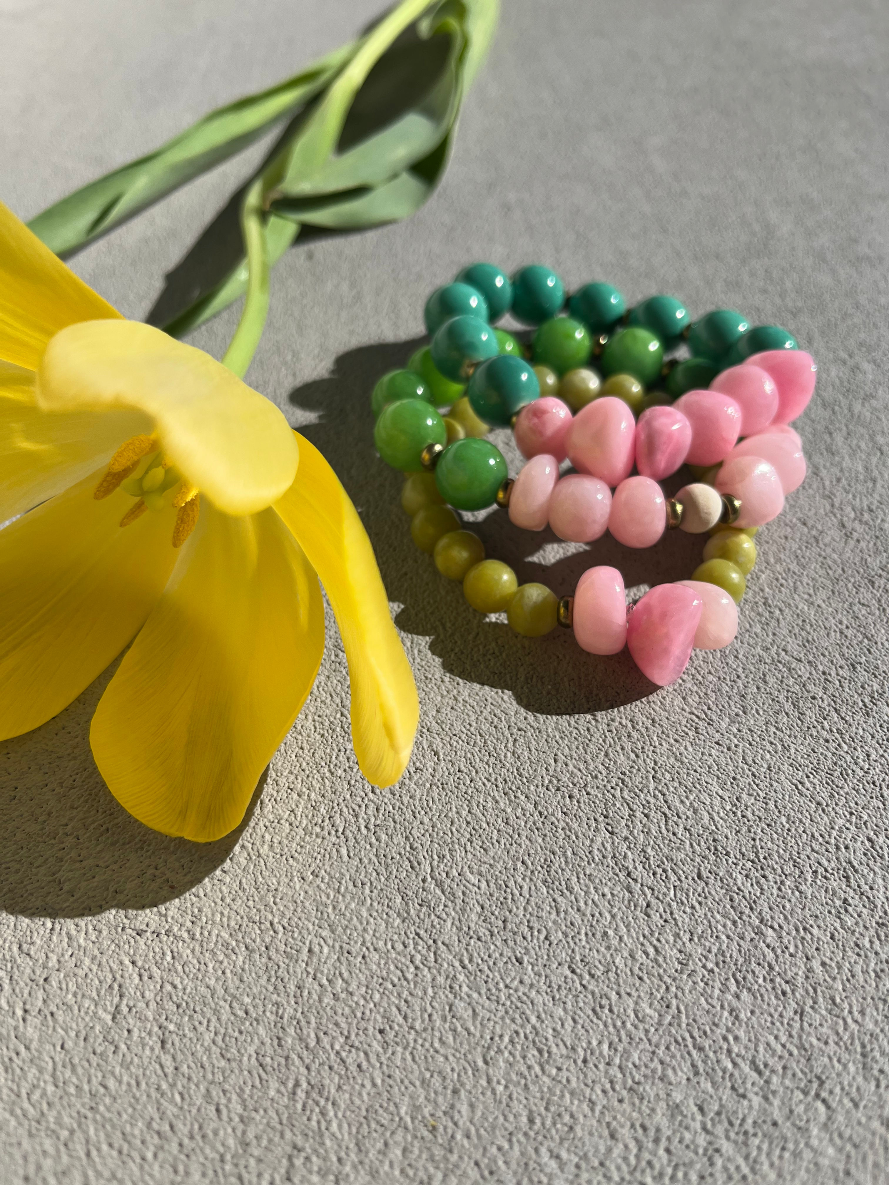Green Stones, Glass and Brass, Featuring Bright Pink -Inspiration Bracelet Stack
