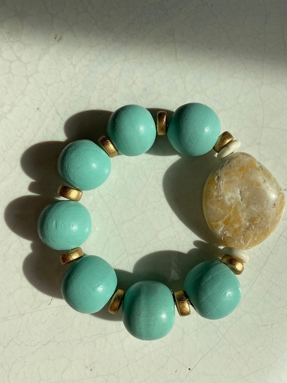 Statement Chunky Blue-Green Wood with Stone Bracelet- Sand Dune Blue Bracelet