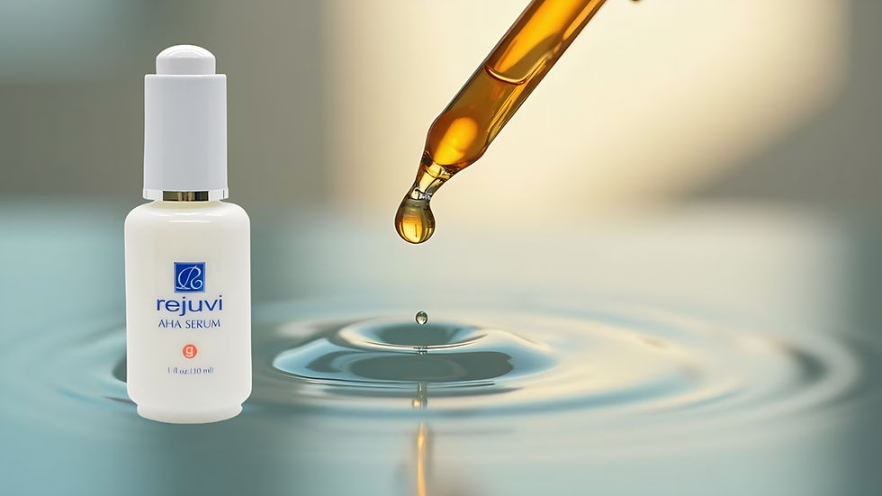 Rejuvi product on a watery surface and a drop of serum