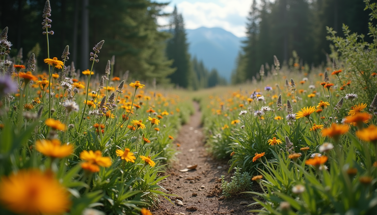 Close-up view of a hiking trail with wildflowers on Mont-Saint-Hilaire