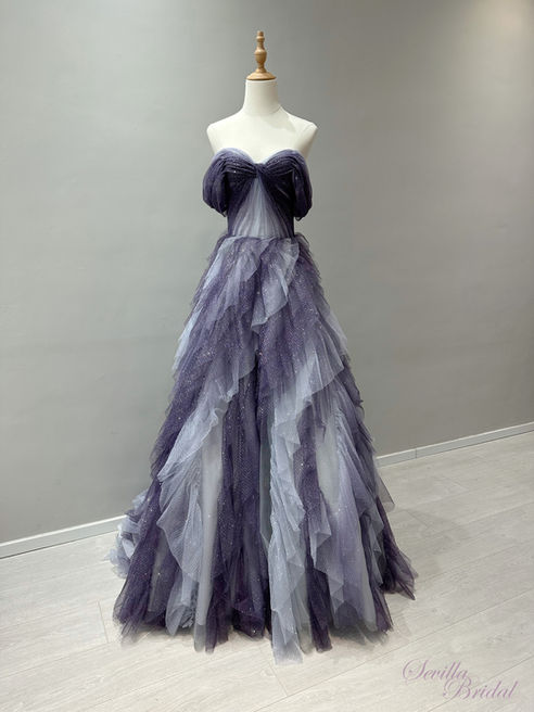 浪漫漸變紫色一字肩波浪腳晚裝. Hong Kong Evening Gowns