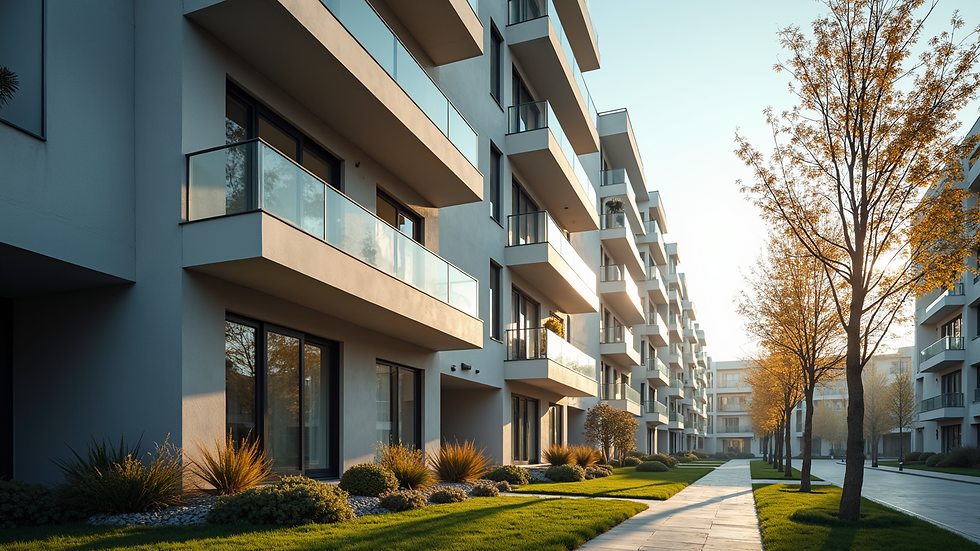 Eye-level view of a modern apartment building exterior