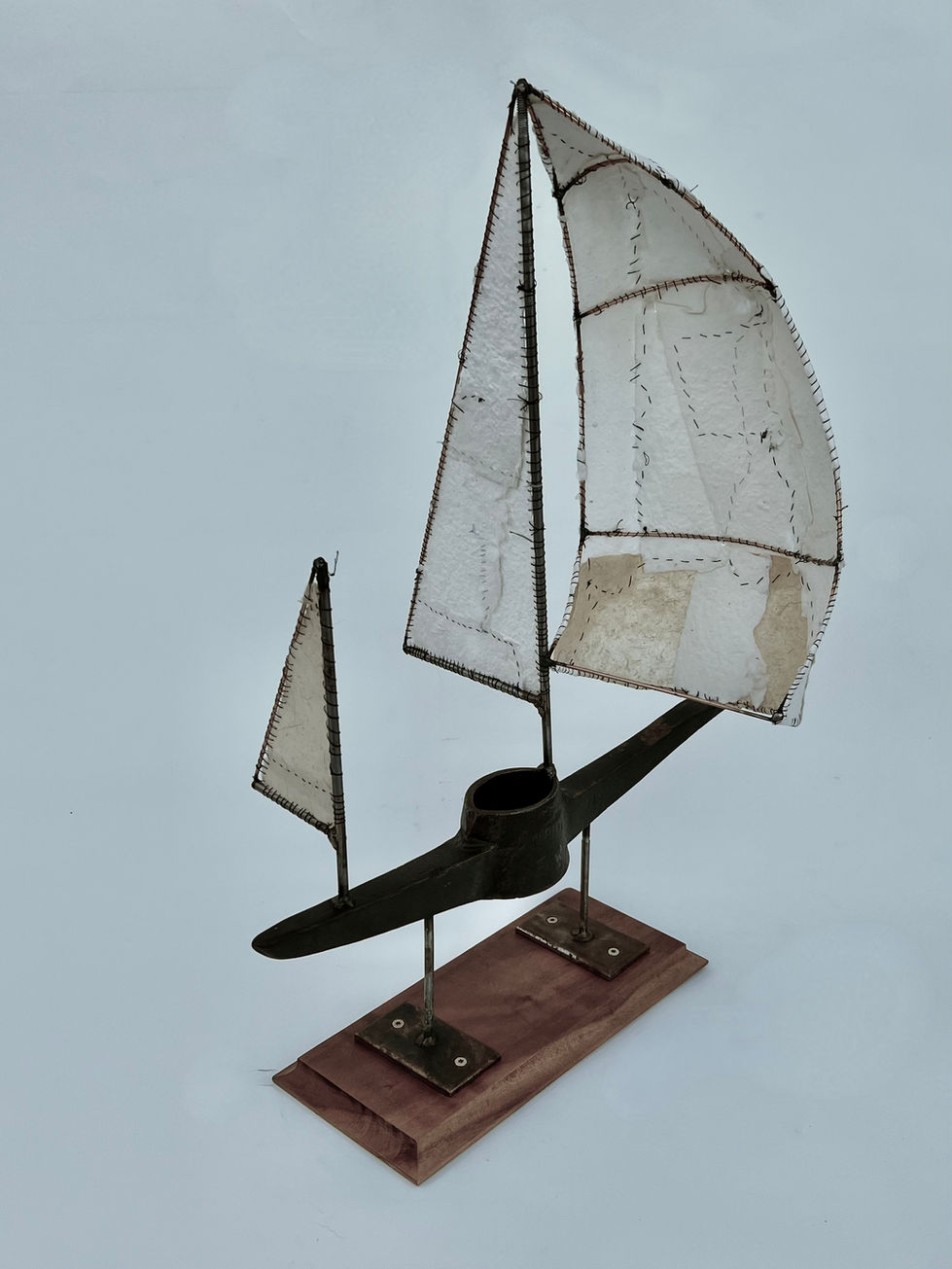 sailing ship made from a garden pick and handmade paper sails