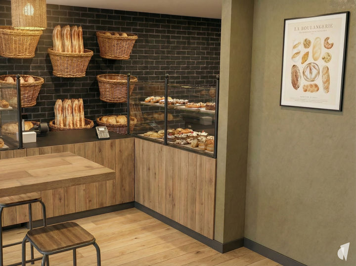 Décoration et rénovation d'une boulangerie rustique à Cruseilles par l'architecte d'intérieur Coralie Vasseur : mise en valeur produits et comptoir caisse