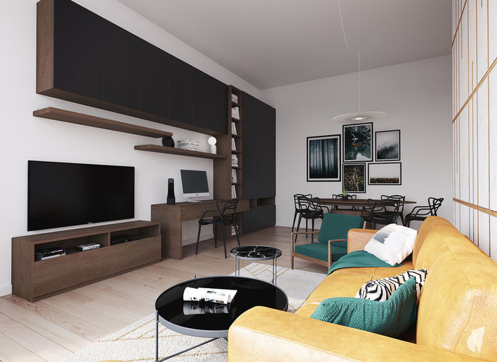 Décoration d'une pièce de vie optimisée par l'architecte d'intérieur Coralie Vasseur à Aix les Bains : meuble tv et rangement sur mesure