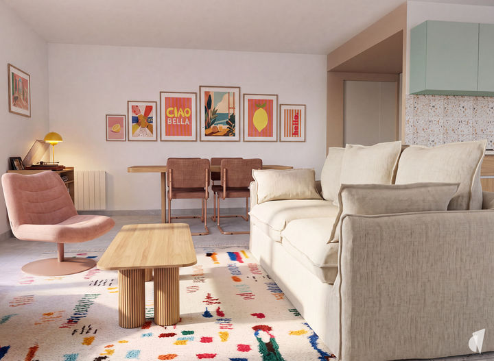 Décoration d'un appartement étudiante à Annecy par le Studio Coralie Vasseur - pièce de vie lumineuse et vitaminée