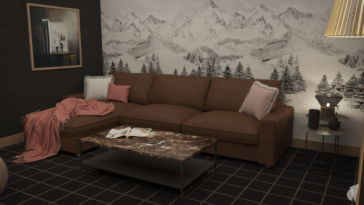 Décoration d'un chalet de luxe à Megève par l'architecte d'intérieur Coralie Vasseur : salon cosy d'hiver, papier peint panoramique et moquette sur-mesure