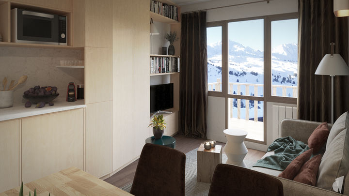 Aménagement sur-mesure d'un studio montagne à Belle Plagne par le cabinet d'architecture intérieure Coralie Vasseur : agencement en bois sur-mesure avec cuisine, vestiaire et meuble tv