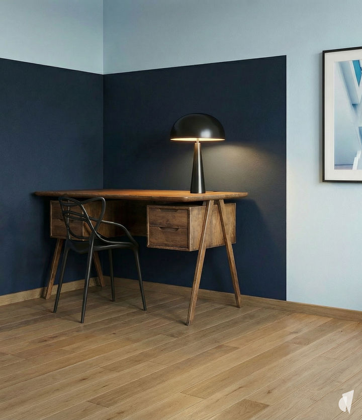 Appartement en VEFA à Viuz la Chiesaz décoré et agencé par le Studio Coralie Vasseur, architecte d'intérieur : coin bureau feutré avec murs bleus