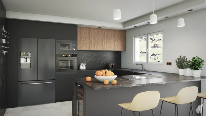 Décoration d'une pièce de vie luxueuse à Chavanod par le studio de décoration et architecture Coralie Vasseur : cuisine haut de gamme noire et noyer avec cave à vin et plan de travail en marbre