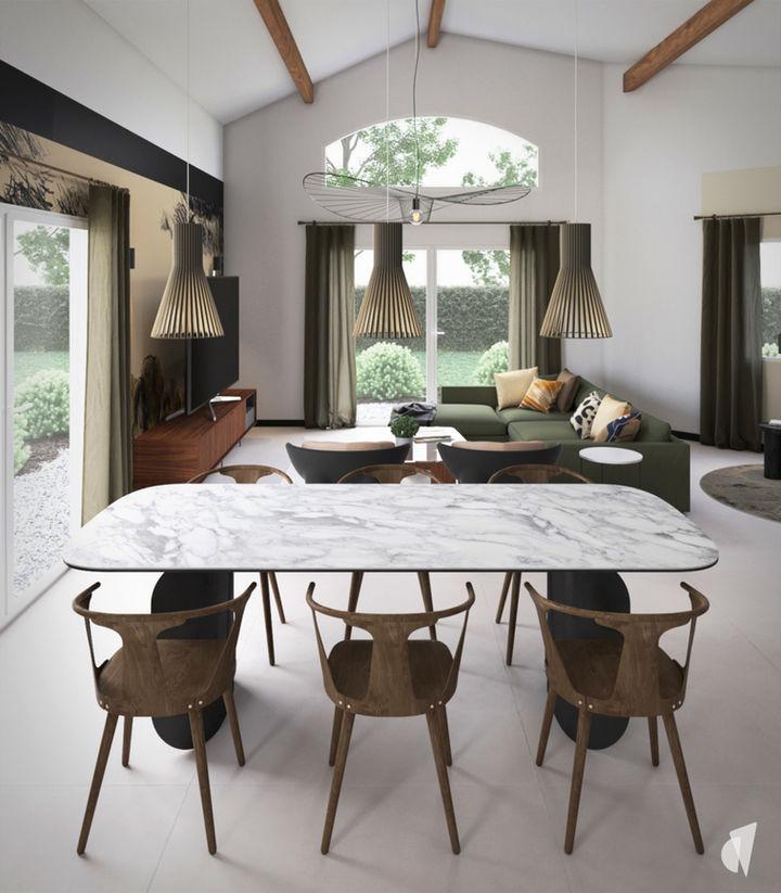 Décoration d'une maison d'architecte à Epagny par votre décoratrice d'intérieur Studio Coralie Vasseur : espace repas lumineux et salon accueillant