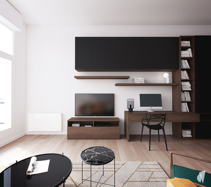 Décoration d'une pièce de vie optimisée par l'architecte d'intérieur Coralie Vasseur à Aix les Bains : agencement sur mesure avec bureau, tv et bibliothèque