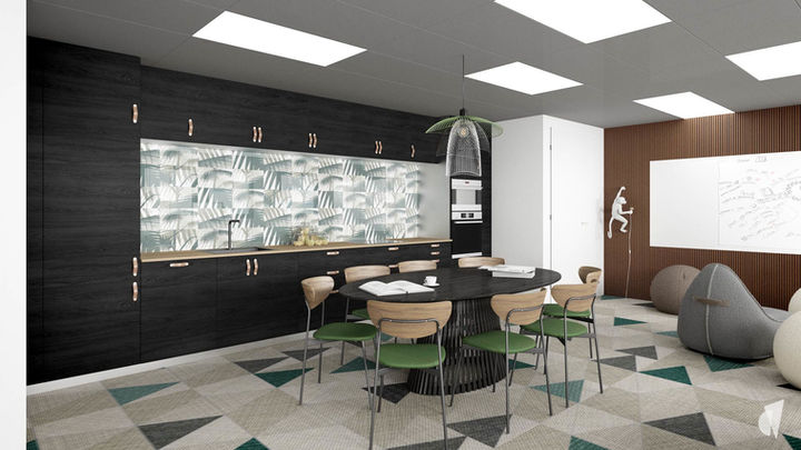 Aménagement d'un plateau de bureaux à Annecy par l'architecte d'intérieur Coralie Vasseur : cuisine et table de réunion