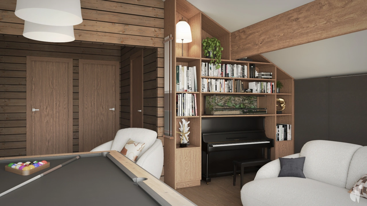 Décoration d'une maison chic à Genève, par le studio Coralie Vasseur. Coralie Vasseur est votre architecte d'intérieur et décoratrice UFDI à Annecy, Genève et en Haute Savoie : bibliothèque sur-mesure dans la mezzanine, avec piano intégré à l'agencement, billard sur-mesure et coin salon cosy