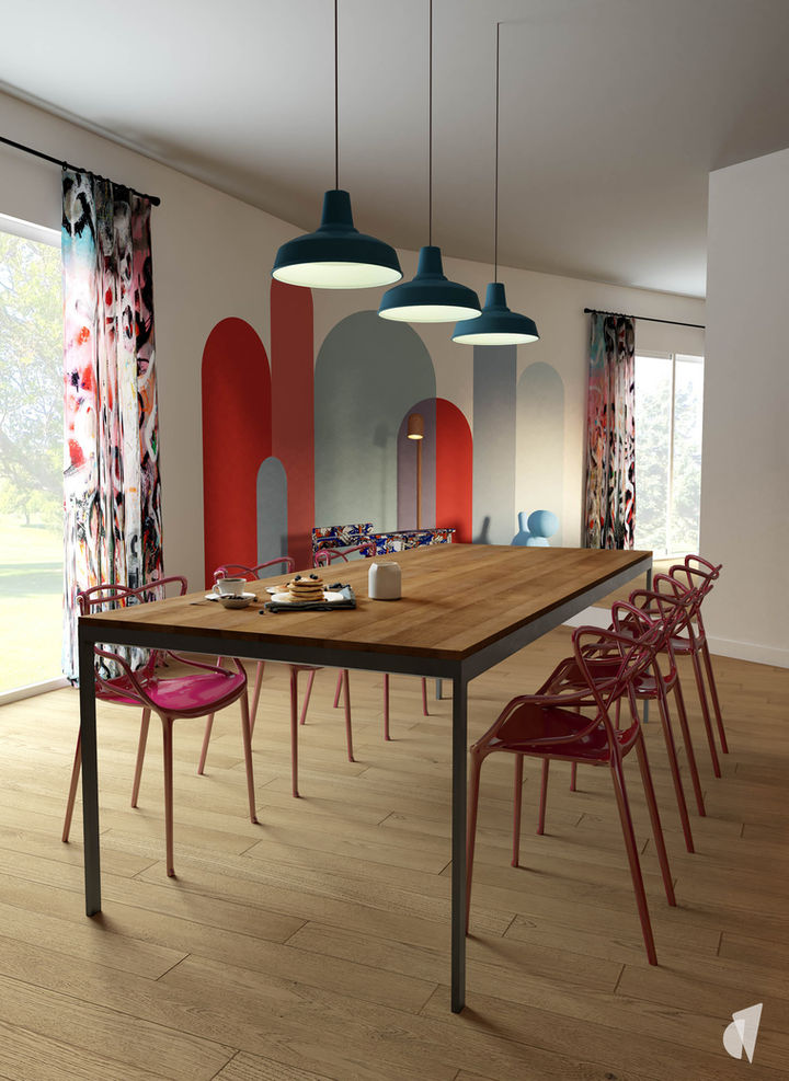Décoration d'une pièce de vie colorée et industrielle à Annecy par Coralie Vasseur : salle à manger rose et arches de couleur au mur