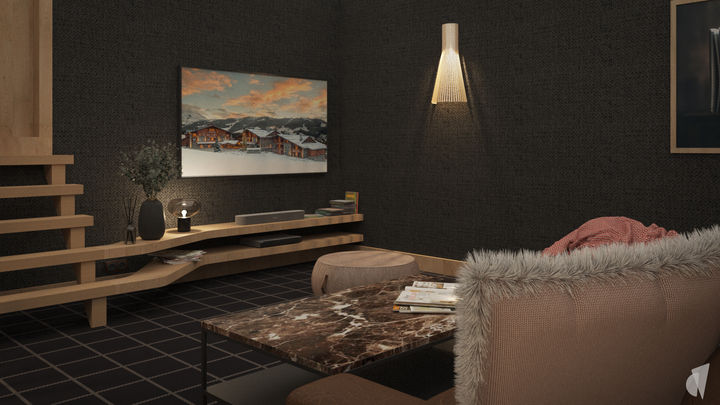 Décoration d'un chalet de luxe à Megève par l'architecte d'intérieur Coralie Vasseur : agencement bois sur-mesure pour media room