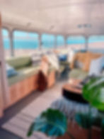 Eye-level view of a compact living room with natural light and plants