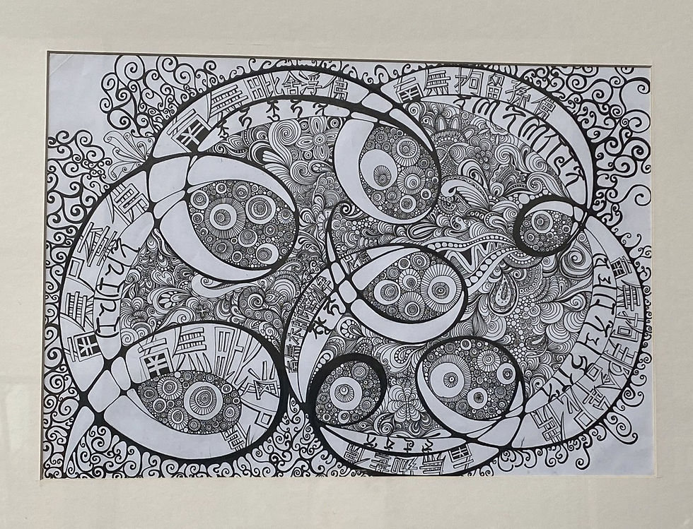 The Eradicating Offences Dharni of the Seven Buddhas Mantra Doodling Chan piece uses seven circles to represent the seven Buddhas, invoking the blessings of Vipashyin, Shikhin, Vishvabhu, Krakucchanda, Kanakamuni, Kassapa, and Sakyamuni Buddha. (Photos by Yuchuan)