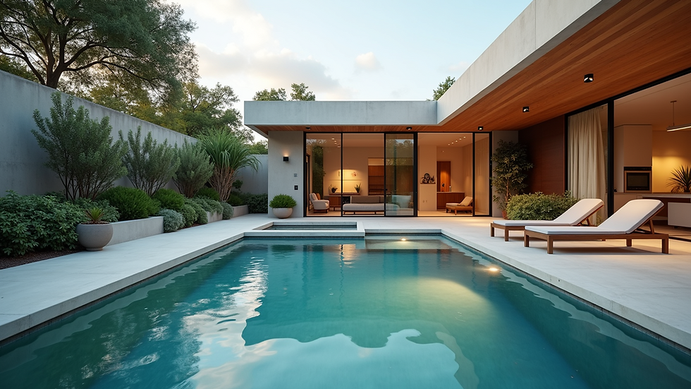 Eye-level view of a modern backyard with a custom-designed pool and patio