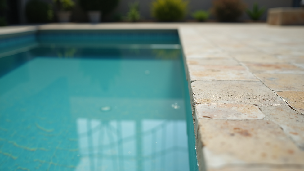 Close-up view of a pool edge with natural stone decking