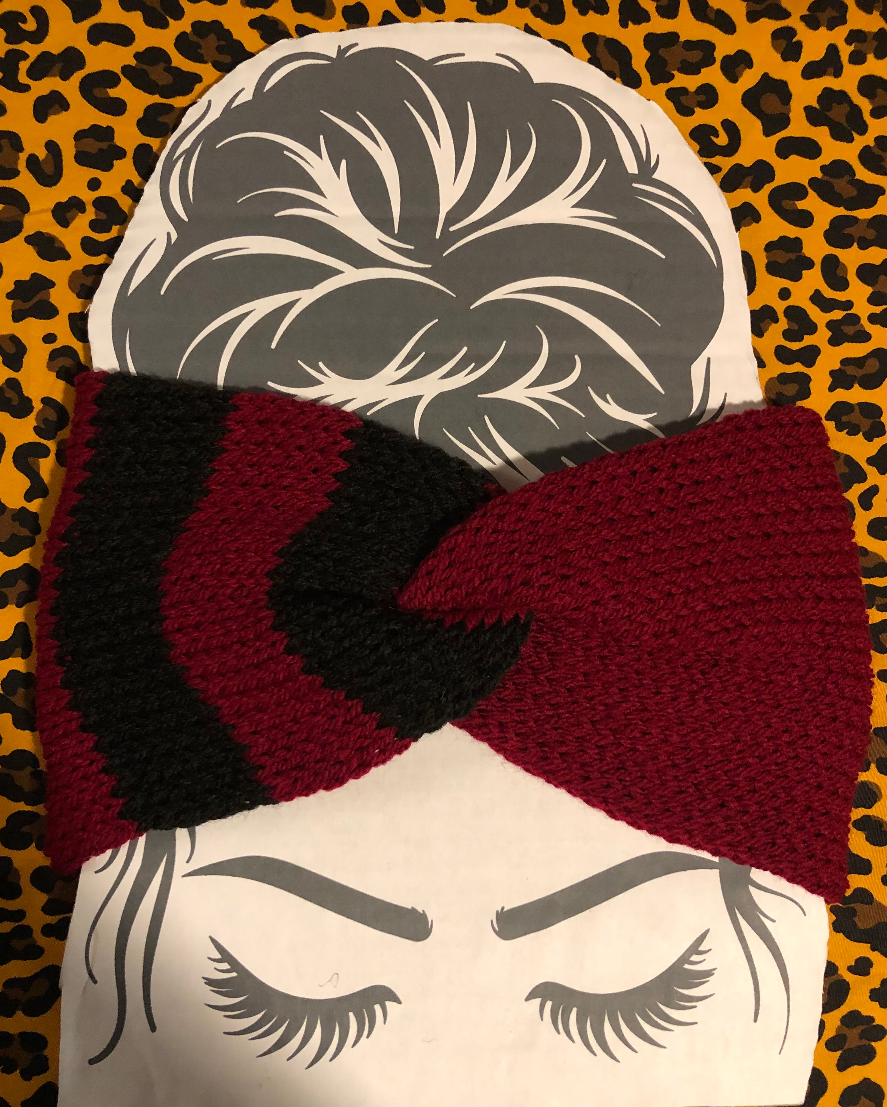 Wine & Black Striped Knitted Ear Warmer